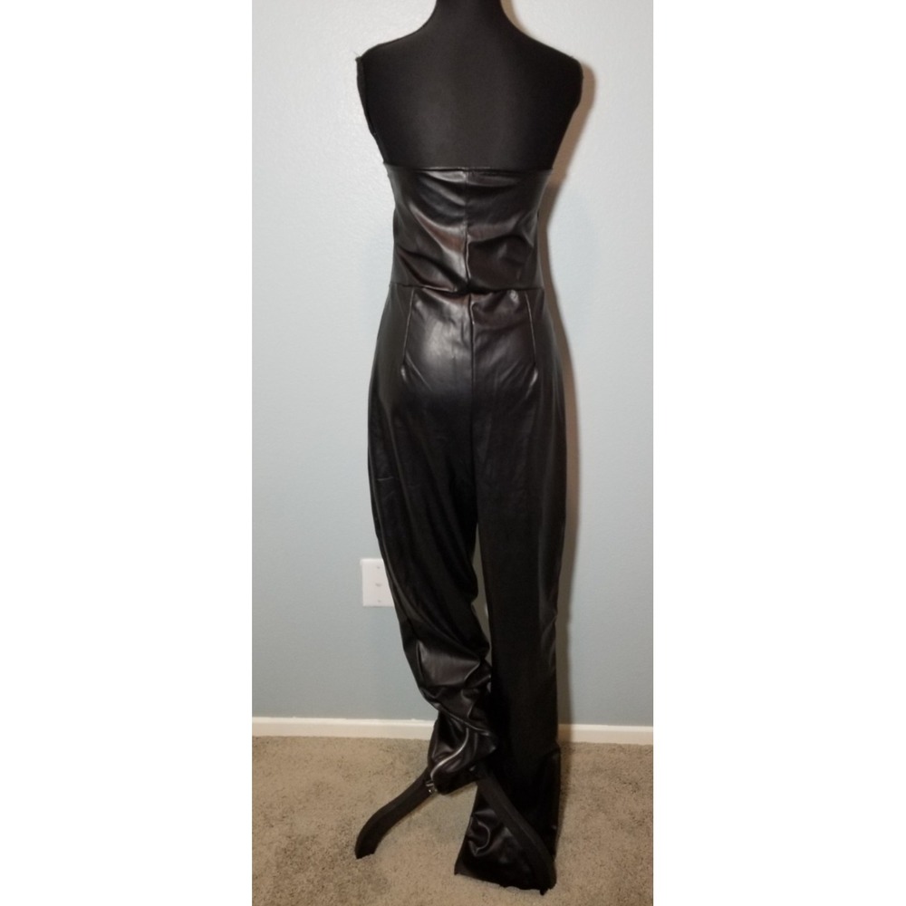 As You Womens Sz 10 Black Faux Leather Strapless Jumpsuit Zippers Biker NWOT - Picture 2 of 10